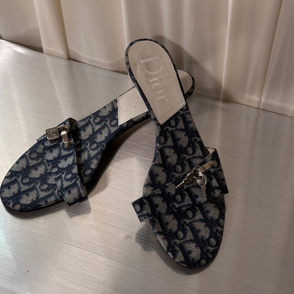 Dior Blue Monogram Slide Mules with Silver Hardware
